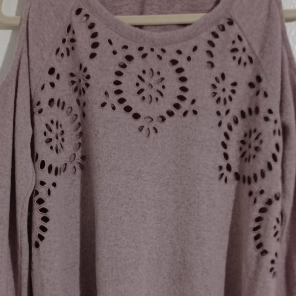 Cold Shoulder Sweater Purple Maude Floral Stitching Design Women's Medium - Picture 2 of 4